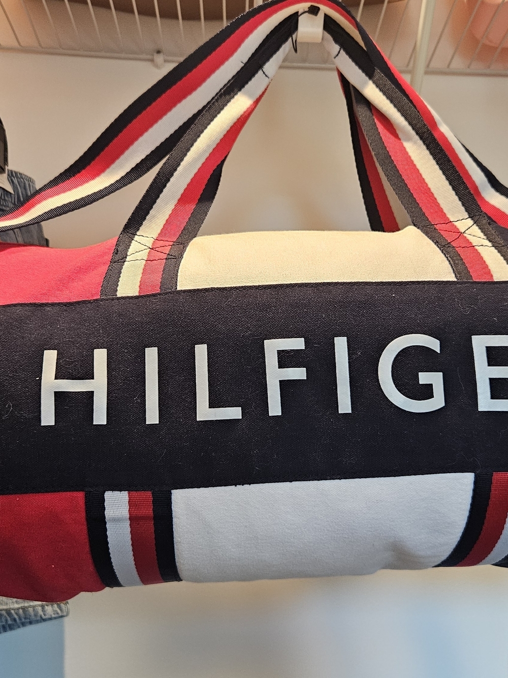 Tommy Hilfiger Red White Navy Striped Canvas Logo Duffel